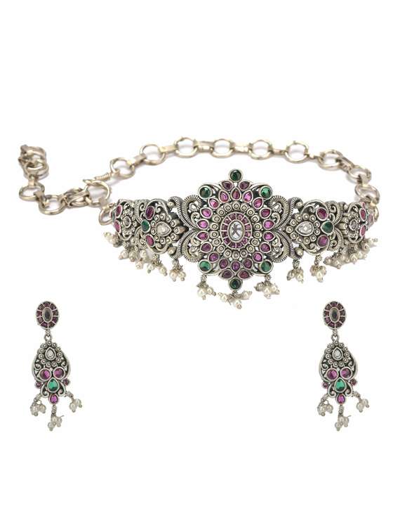 silver brass oxidised choker necklaces and earring 