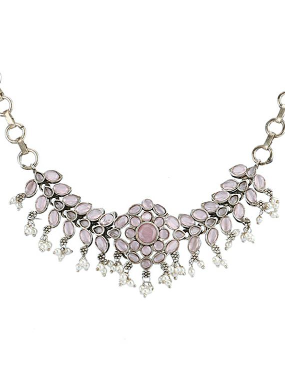 pink stone silver brass oxidised choker necklaces and earring - 19755340 - Standard Image - 2