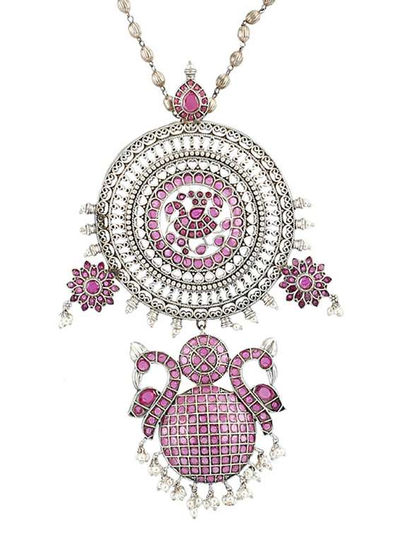 pink stone brass oxidised long necklaces and earring  - 19755342 -  Standard Image - 2