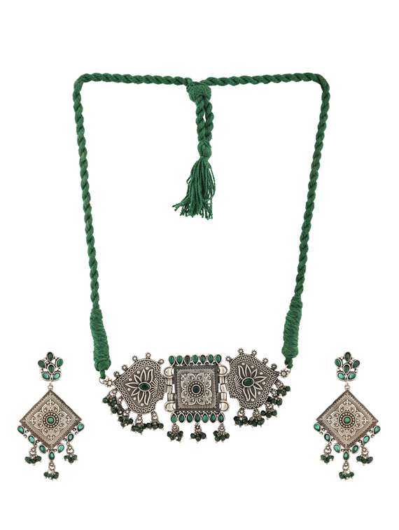 green tone brass oxidised choker necklaces and earring 