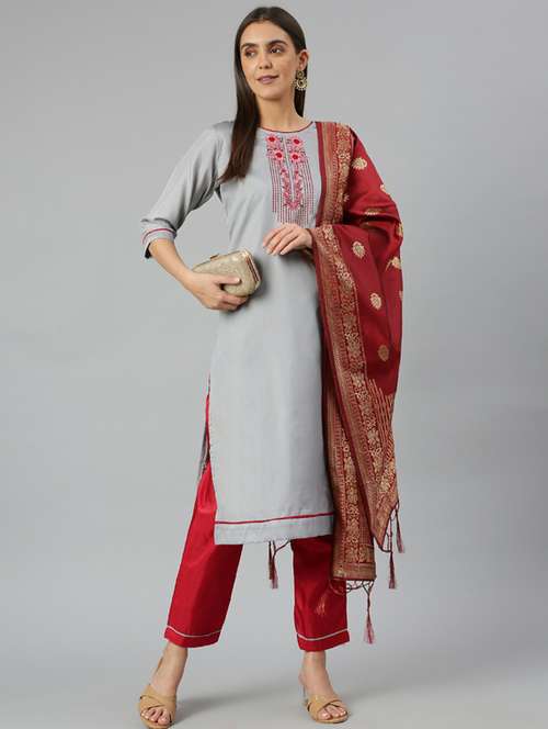 women three quarter sleeve kurta pant with dupatta set - 19756372 -  Standard Image - 0