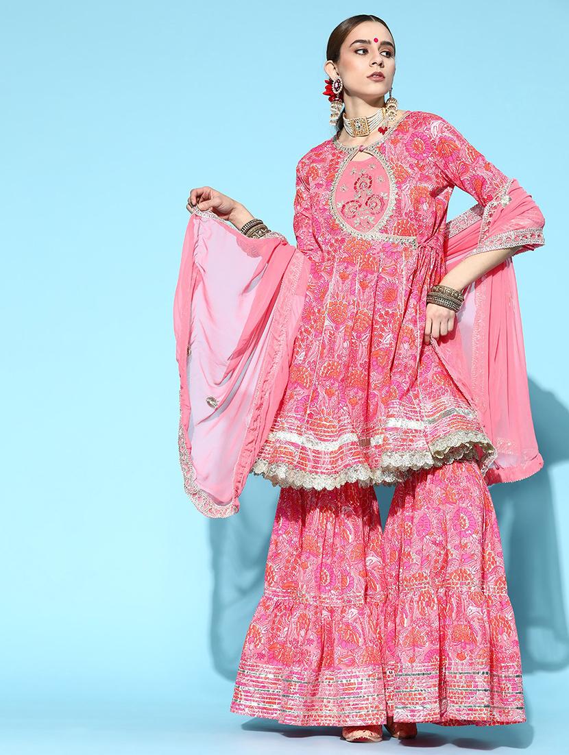 printed gota work kurta sharara set - 19766021 - Zoom Image - 0