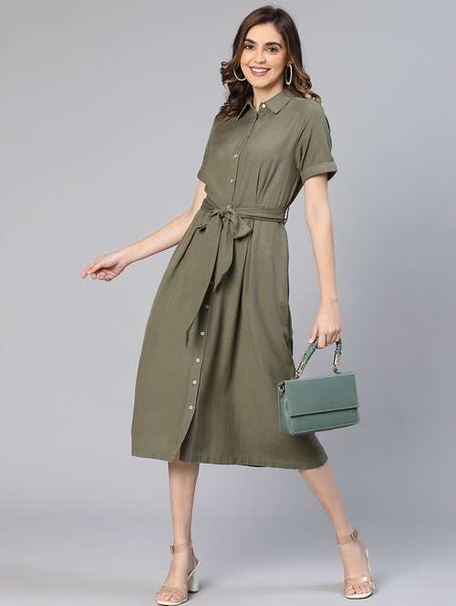 olive solid shirt dress with belt - 19768034 - Standard Image - 0
