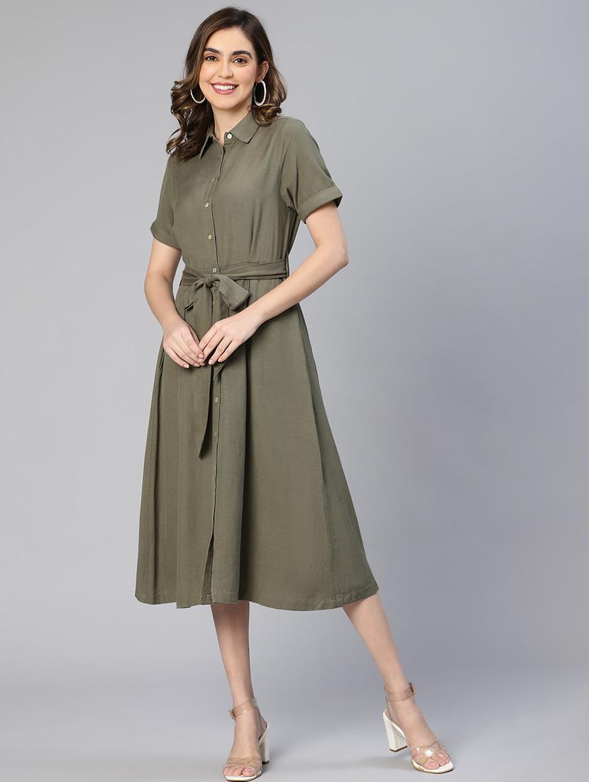 olive solid shirt dress with belt - 19768034 - Standard Image - 2