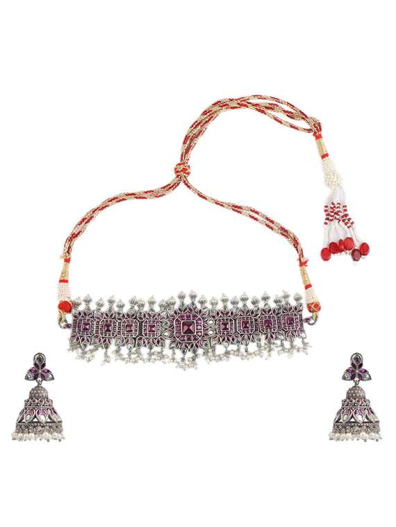 red tone brass oxidised choker necklaces and earring 