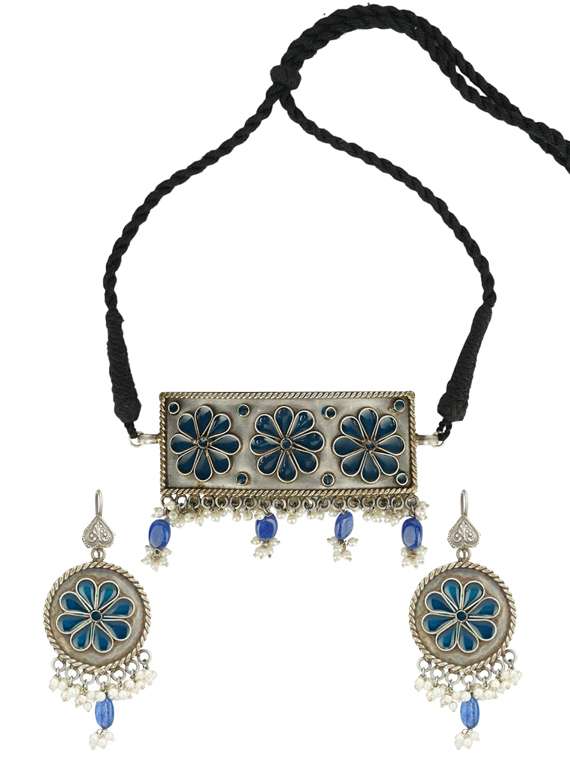 blue tone brass oxidised choker necklaces and earring 