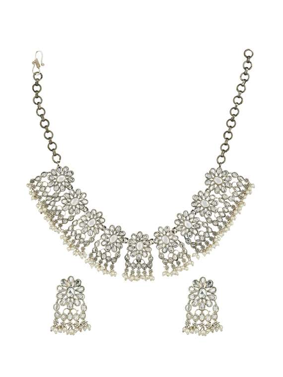 silver tone brass oxidised choker necklaces and earring 