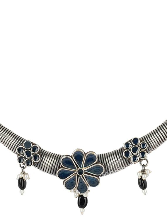 blue tone silver brass oxidised necklaces and earring - 19768281 - Standard Image - 2