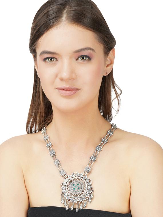 green stone silver brass oxidised long necklaces - 19768296 - Standard Image - 2