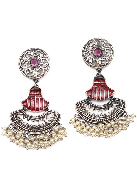sliver brass oxidised beaded drop earring - 19768327 -  Zoom Image - 0