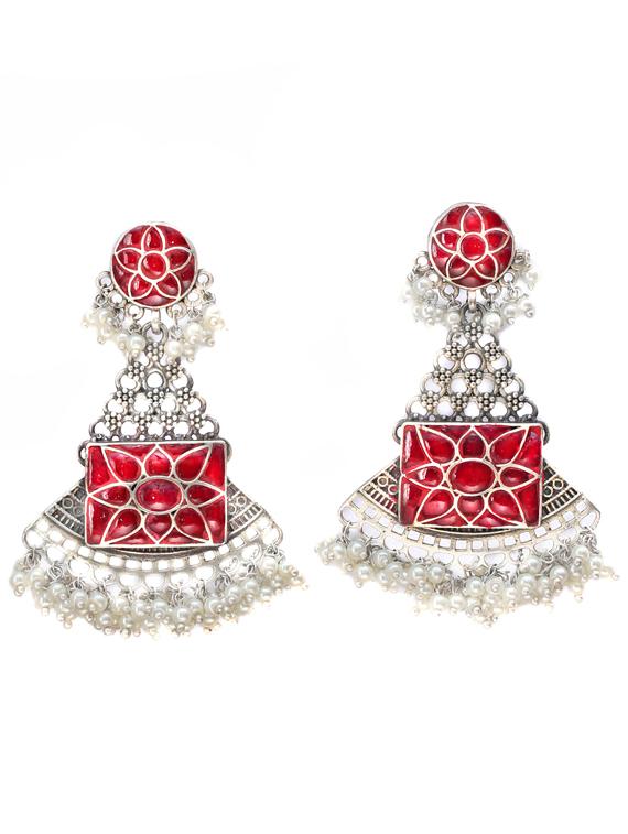 red sliver brass oxidised beaded drop earring - 19768331 - Zoom Image - 0