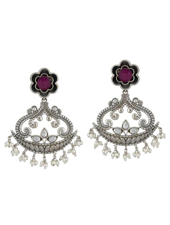 sliver brass oxidised beaded drop earring - 19768422 -  Zoom Image - 0