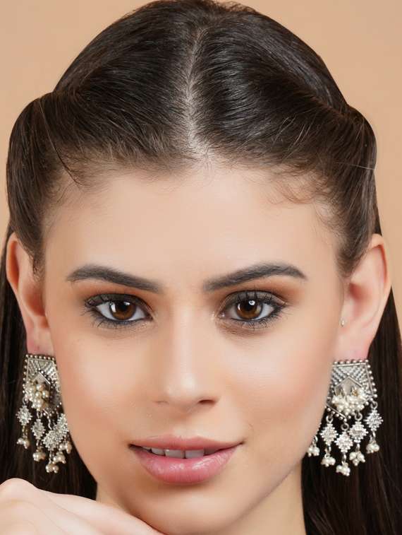 sliver brass oxidised beaded drop earring - 19768435 -  Standard Image - 2