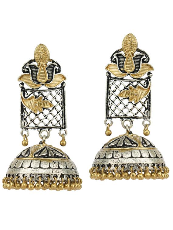 dual tone brass oxidised jhumka earring - 19768478 - Zoom Image - 0