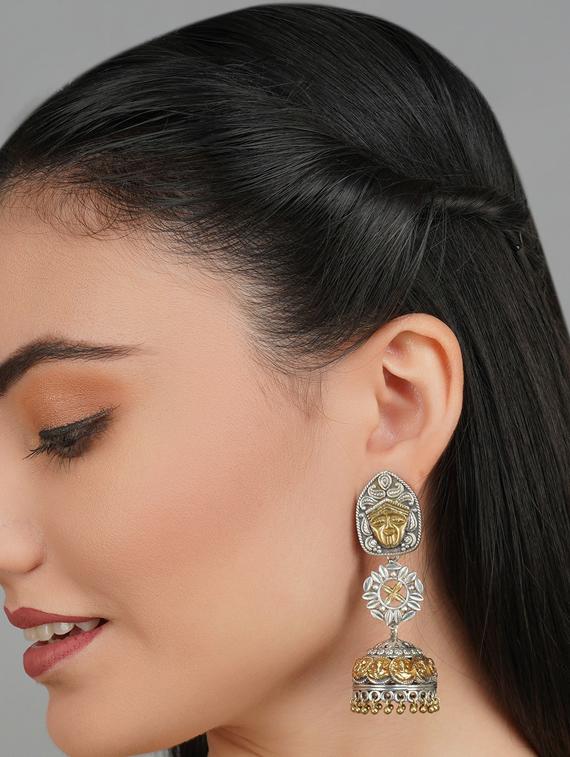 dual tone brass oxidised jhumka earring - 19768480 - Standard Image - 2