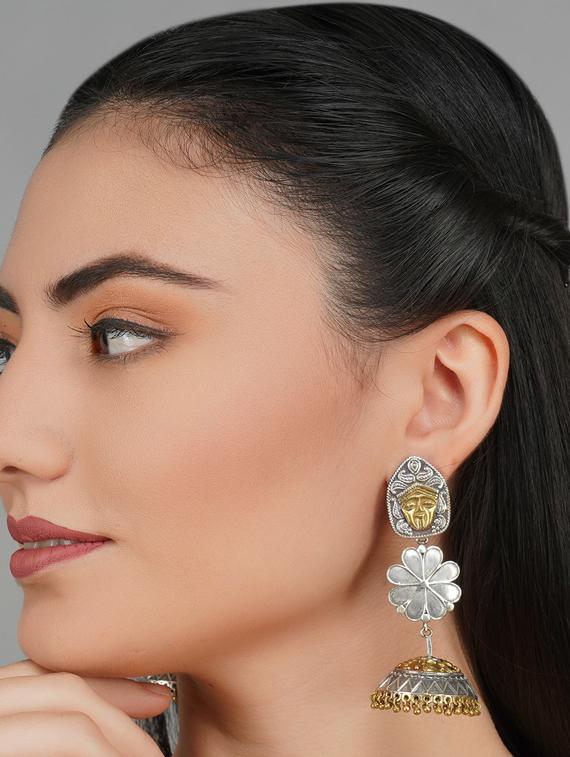 dual tone brass oxidised jhumka earring - 19768486 - Standard Image - 2