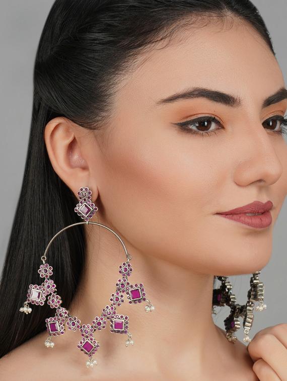 pink tone sliver brass oxidised bali earring - 19768494 - Standard Image - 2