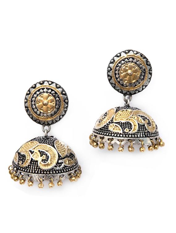 dual tone brass oxidised jhumka earring - 19768505 -  Zoom Image - 0