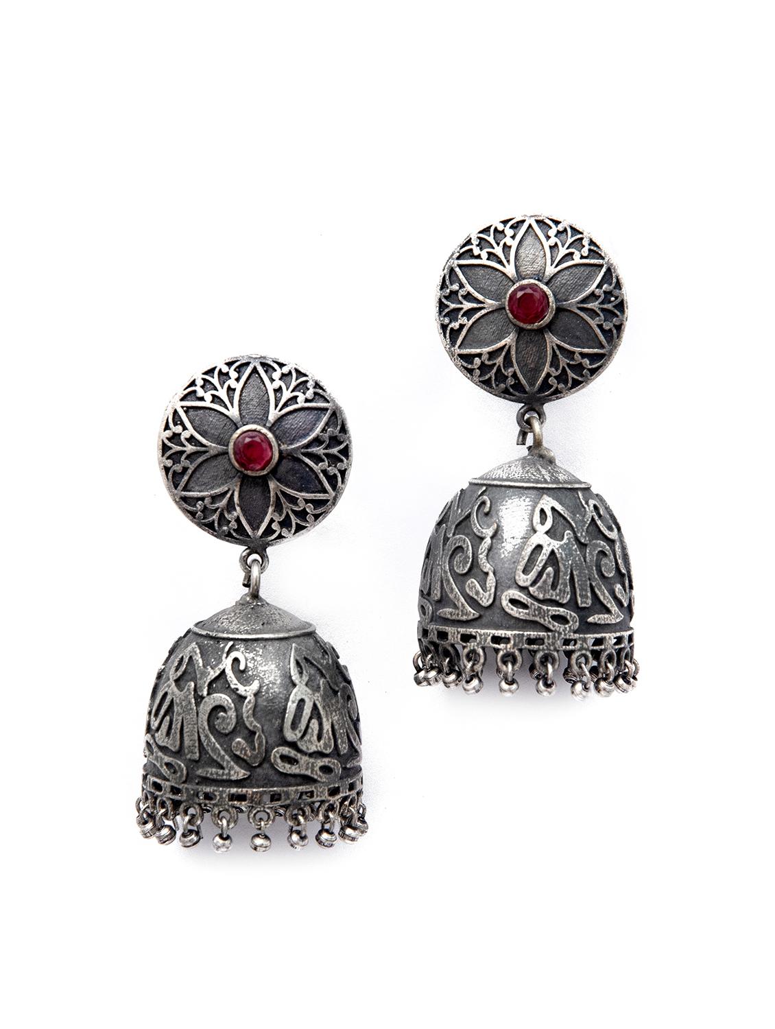 ghungroo pattern silver tone brass jhumka - 19768521 - Zoom Image - 0
