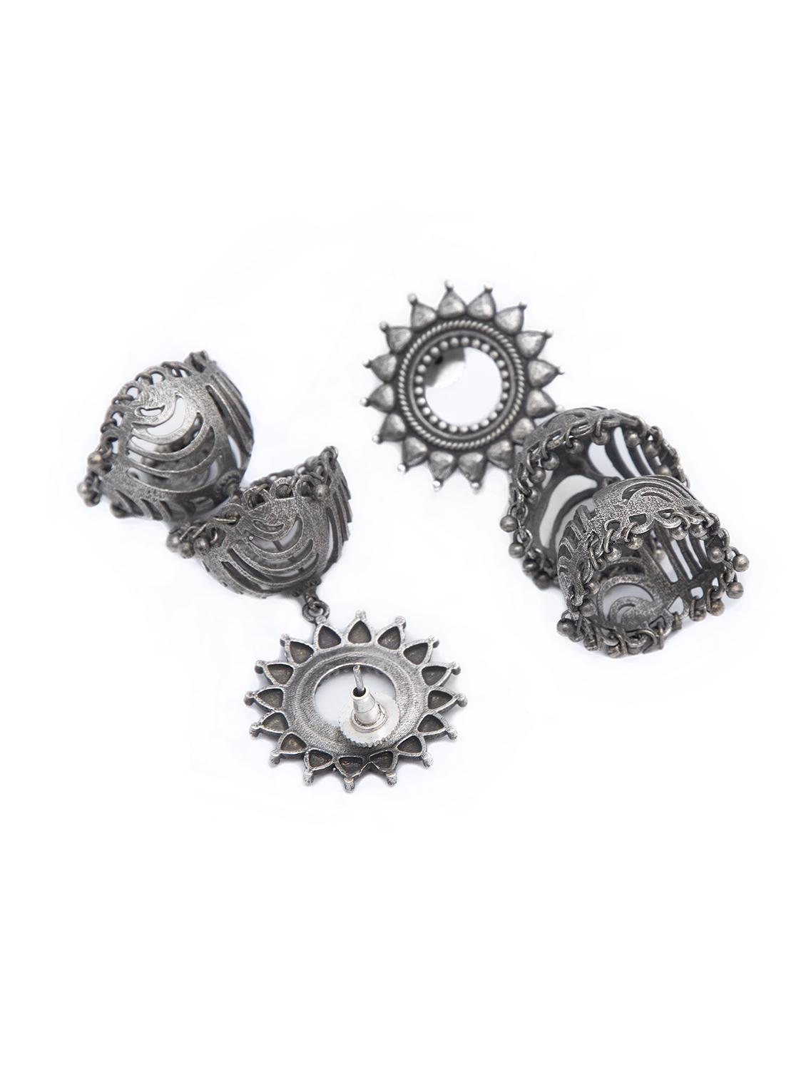 double pattern silver tone brass jhumka - 19768523 - Standard Image - 2