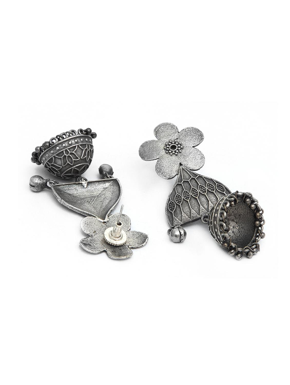 flower style silver tone brass jhumka - 19768524 - Standard Image - 2