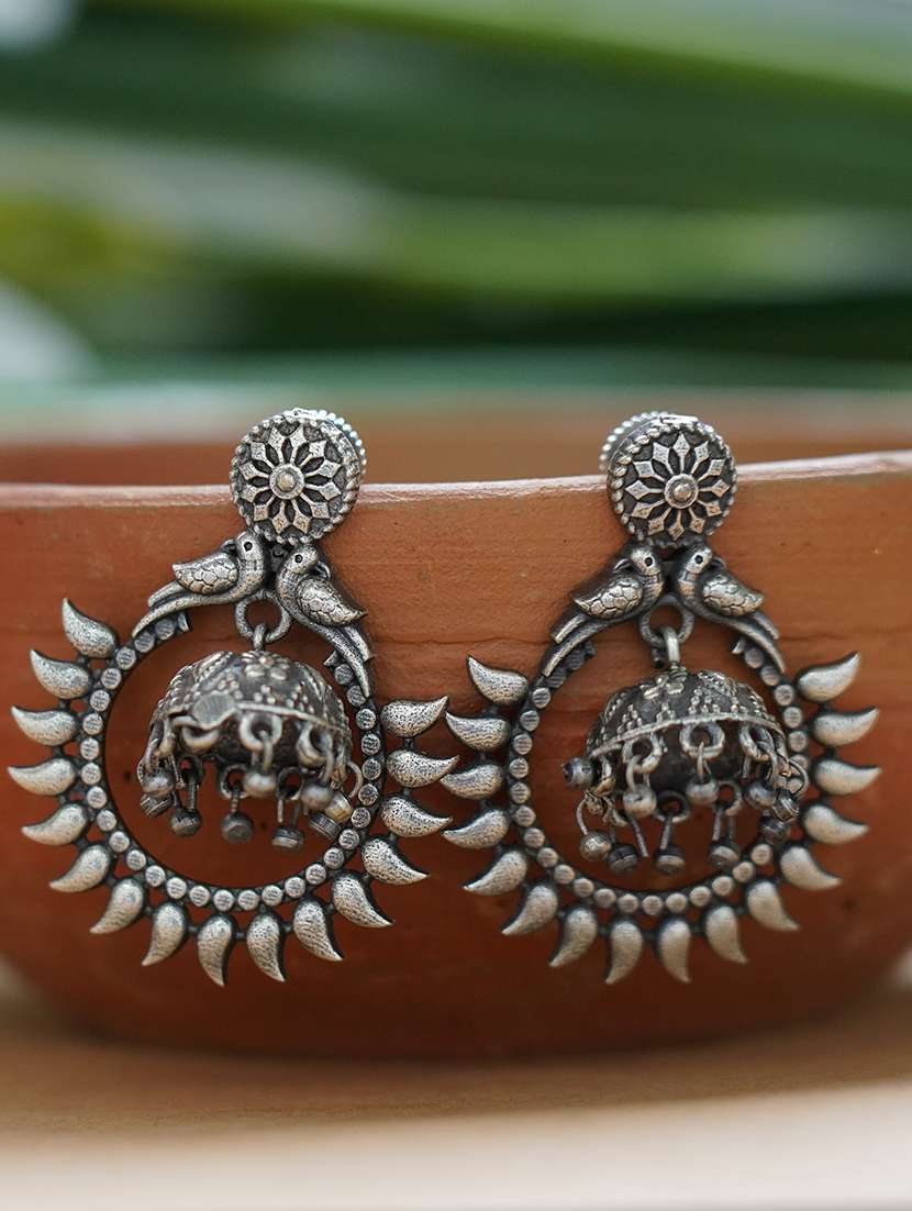 peacock design handcrafted  silver tone brass earrings