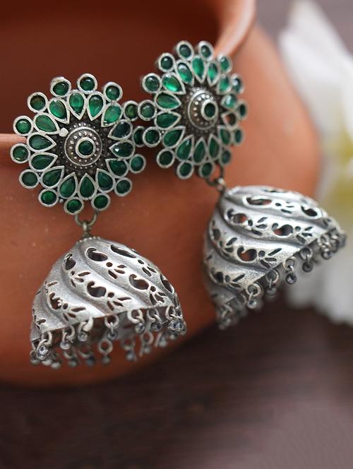 green handcrafted silver tone brass jhumka - 19768536 - Standard Image - 0