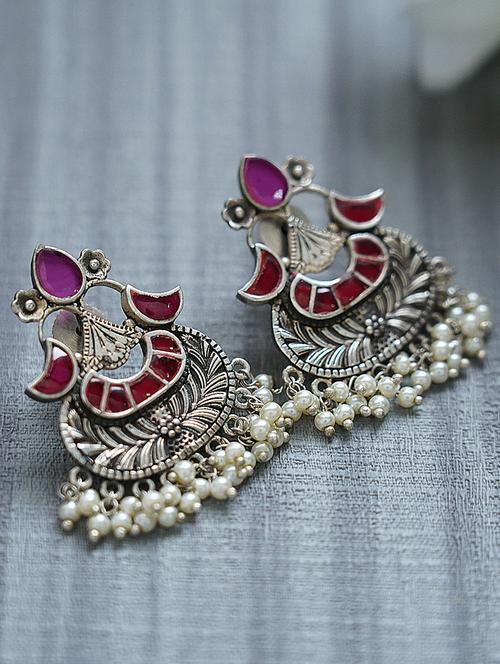 handcrafted white beads style silver tone brass earrings - 19768555 - Standard Image - 0
