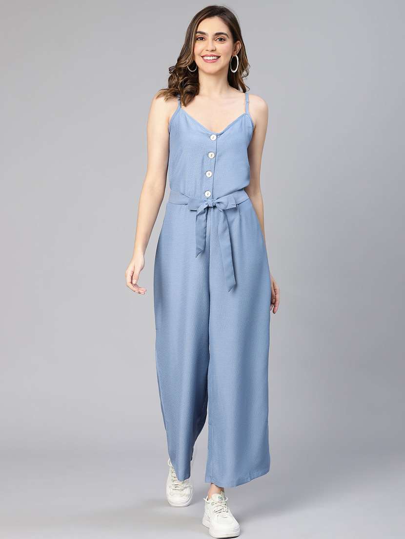 blue solid full leg jumpsuit