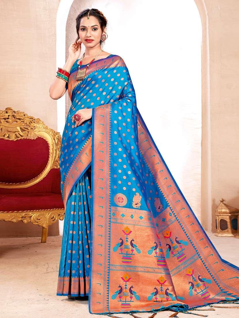 women's self design light blue colored saree with blouse