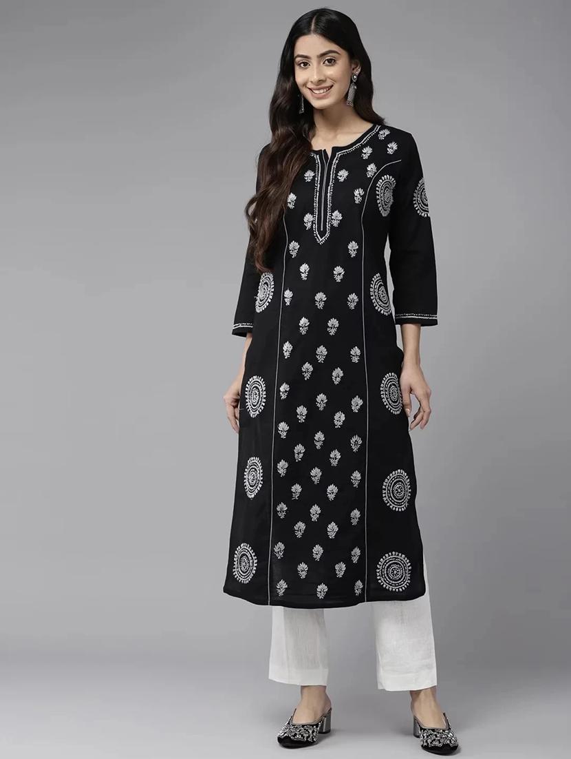 ada women's hand embroidered black & grey cotton lucknowi chikankari straight kurta - 19775806 - Zoom Image - 0