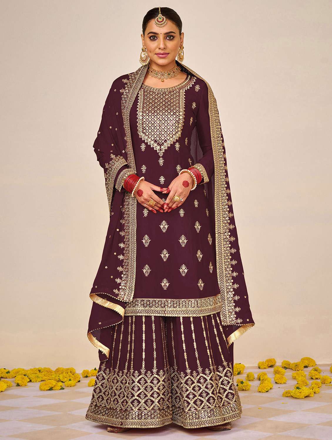 embroidered sharara suits semi-stitched suit