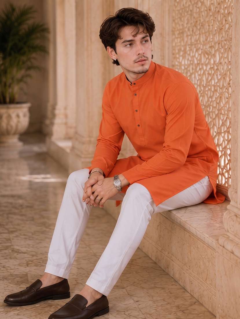 men solid mandarin neck long kurta