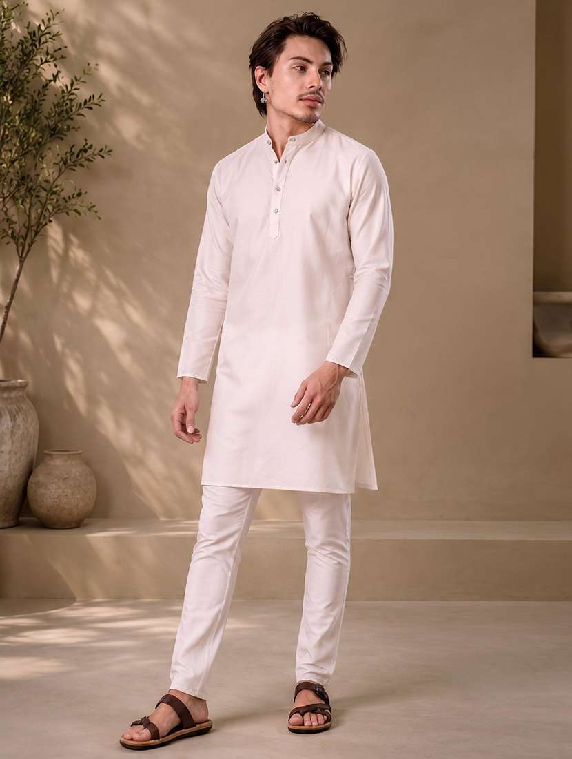 men solid mandarin neck long kurta - 19777940 -  Standard Image - 2
