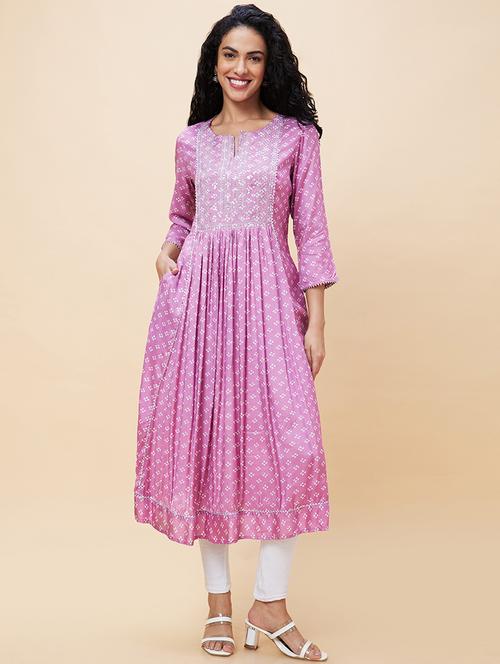 globus women mauve embroidered & sequinned yoke allover bandhani printed pleated a-line kurta - 19779214 - Standard Image - 0