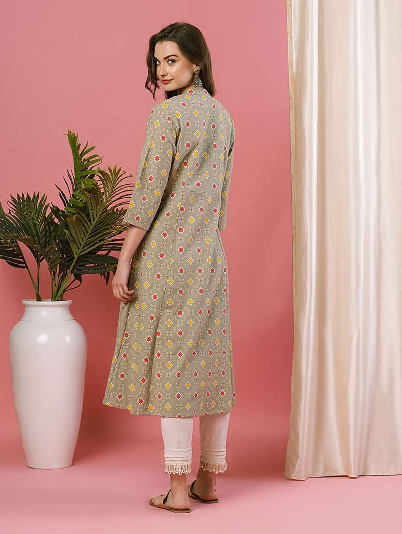 mandarin neck printed front slit kurta - 19779233 -  Standard Image - 2