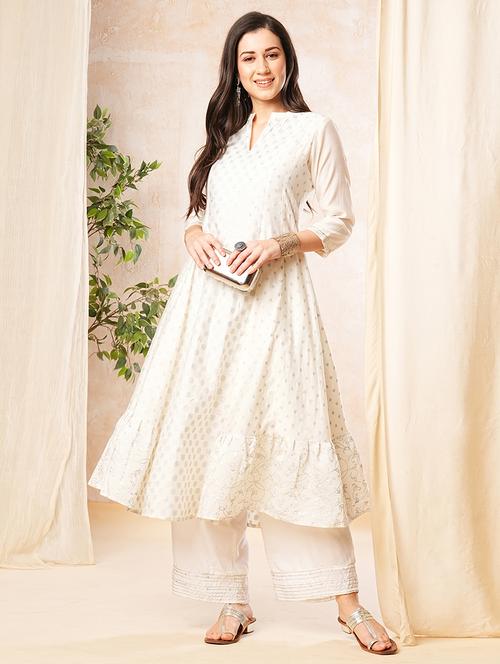 globus women off white mandarin collar sequinned silver foil print panelled anarkali kurta - 19779240 -  Standard Image - 0