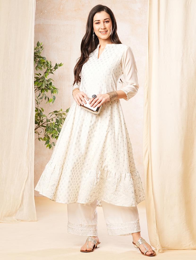 globus women off white mandarin collar sequinned silver foil print panelled anarkali kurta - 19779240 -  Zoom Image - 0