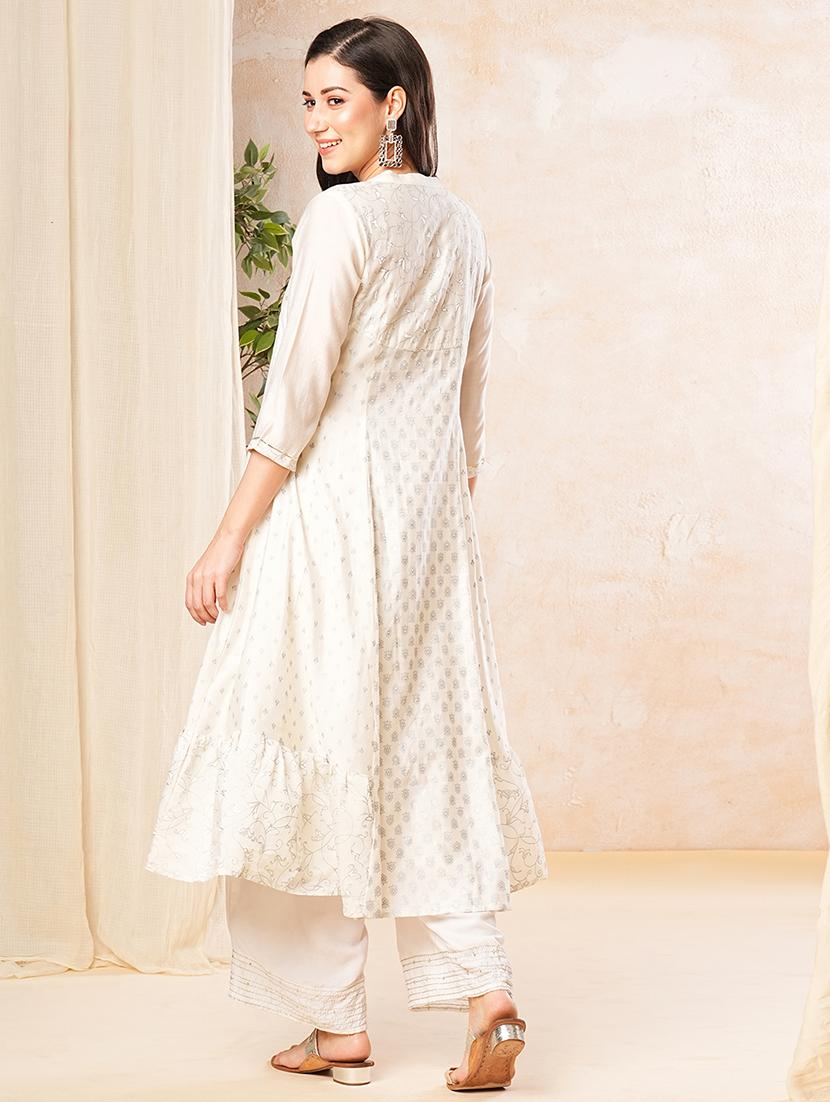 globus women off white mandarin collar sequinned silver foil print panelled anarkali kurta - 19779240 - Standard Image - 2