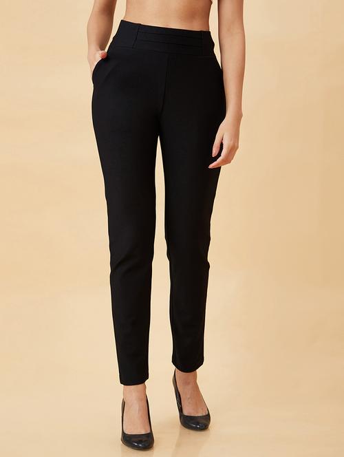 globus women black stretchable skinny fit workwear treggings with pockets - 19780366 -  Standard Image - 0