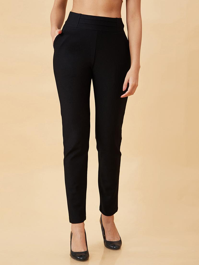 globus women black stretchable skinny fit workwear treggings with pockets - 19780366 -  Zoom Image - 0