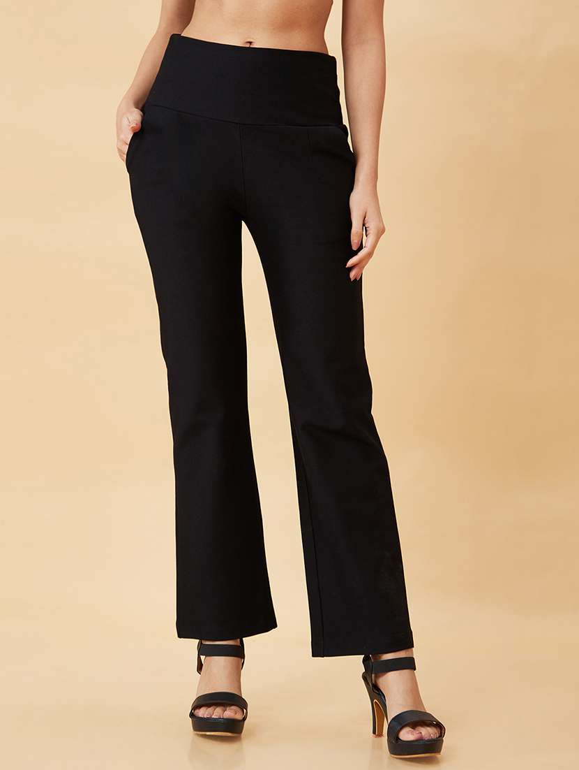 globus women black stretchable high waist workwear treggings with pockets