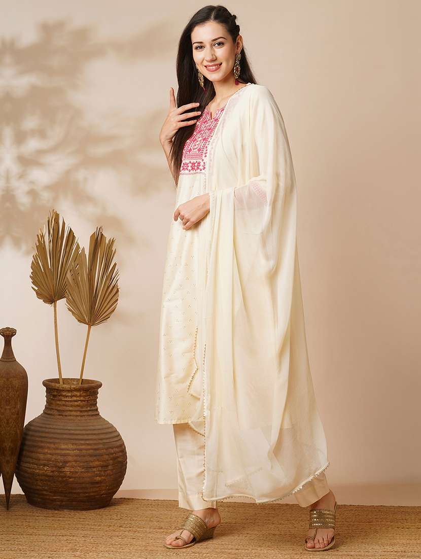 globus women off white embroidered yoke silver foil printed a-line kurta with narrow trousers & dupatta  - 19780823 -  Standard Image - 2
