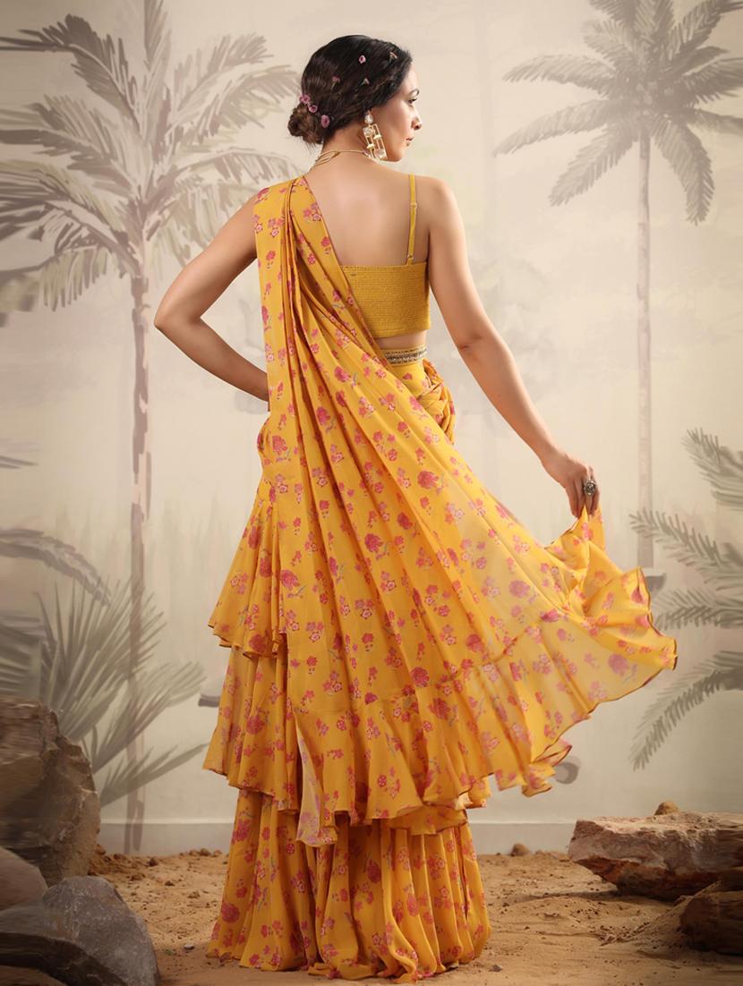 floral print ruffle draped saree with waist belt with blouse - 19781247 - Standard Image - 2