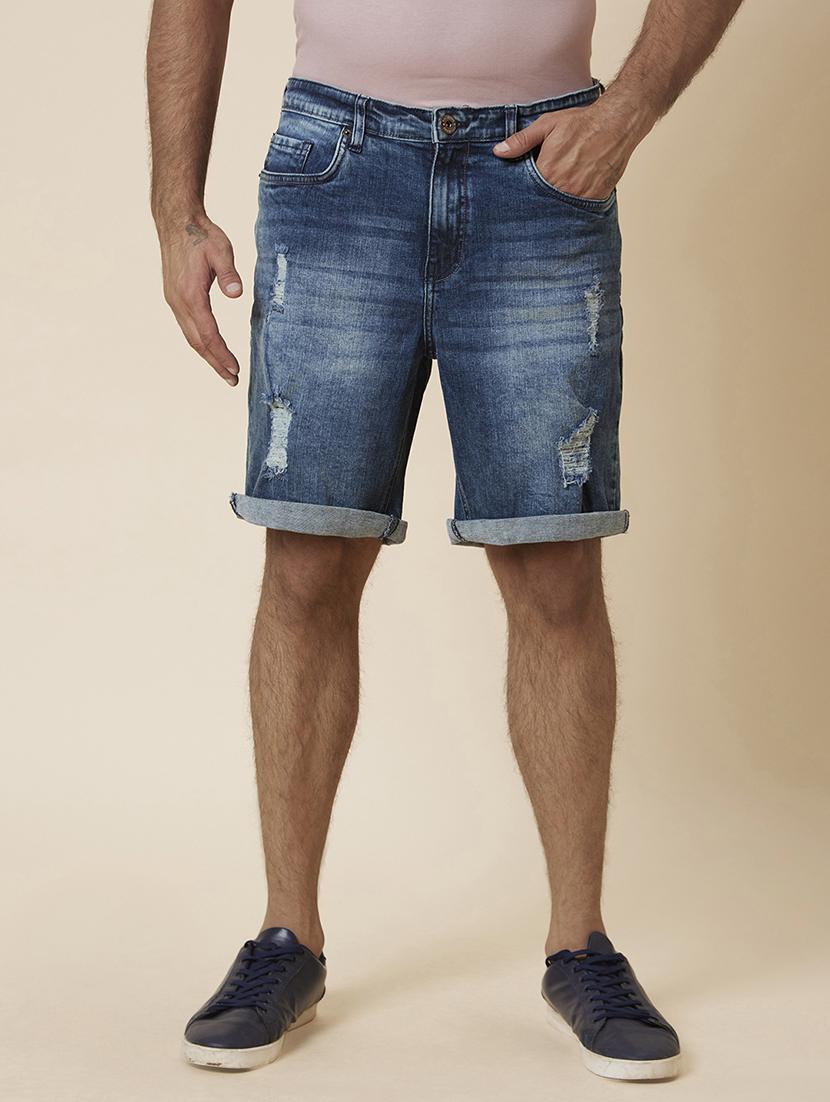 globus men blue stretchable mid-rise distressed washed denim shorts - 19782555 -  Zoom Image - 0
