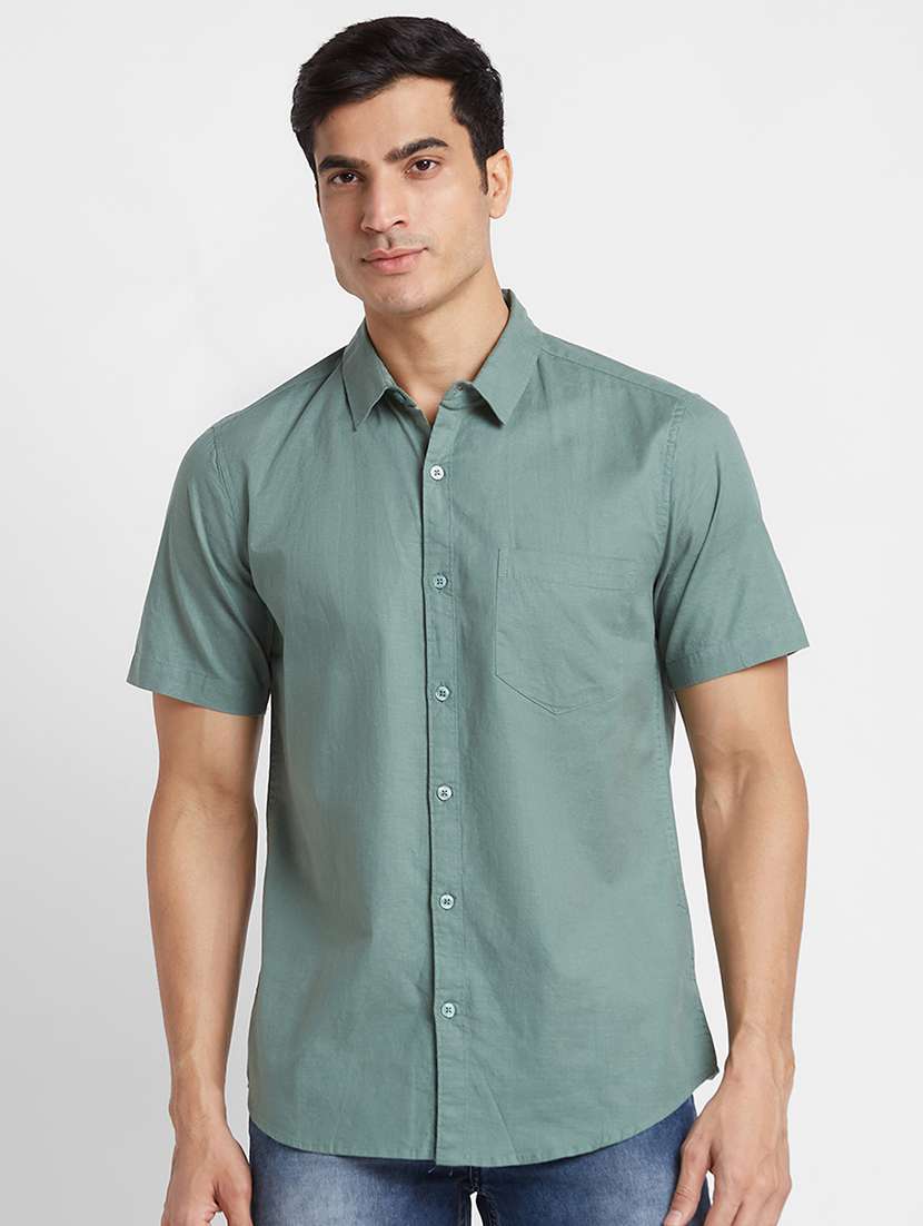 globus men olive short sleeve pure cotton casual shirt