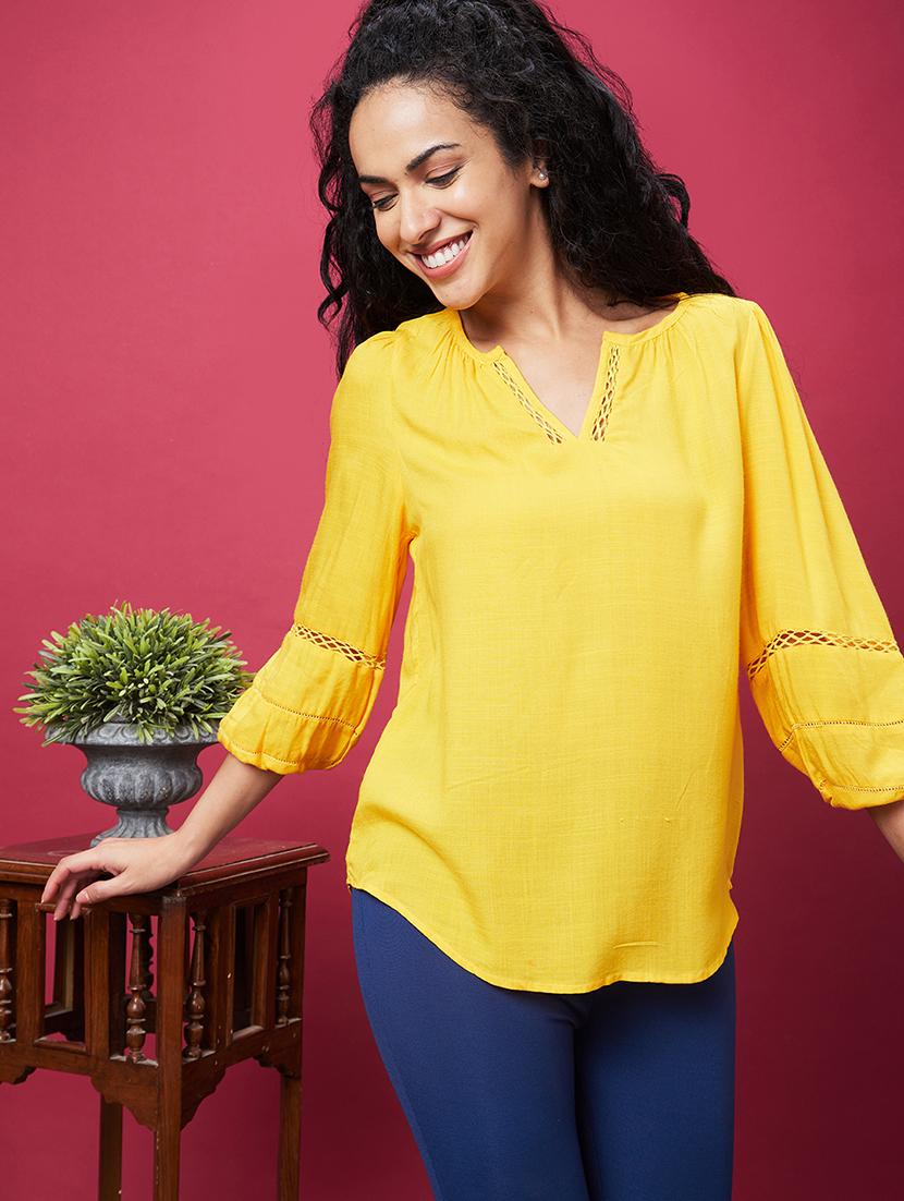 globus women yellow v-neck puff sleeves work wear top - 19783735 - Zoom Image - 0