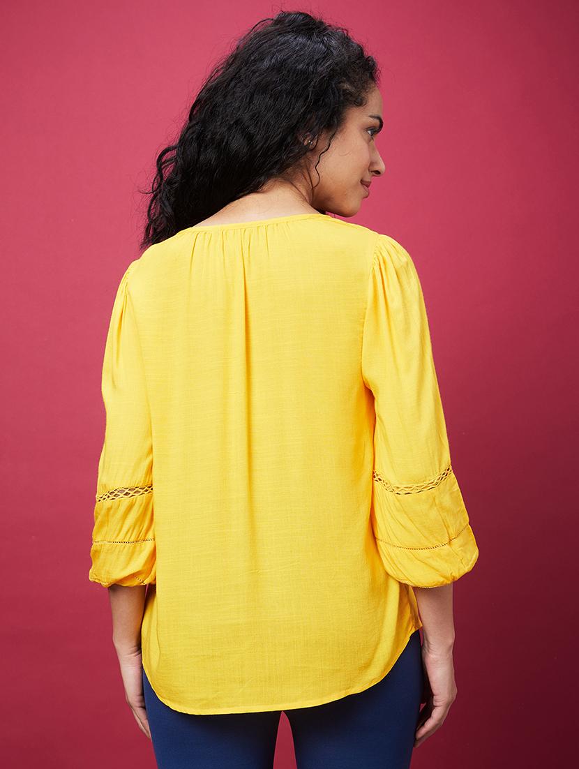 globus women yellow v-neck puff sleeves work wear top - 19783735 - Standard Image - 2