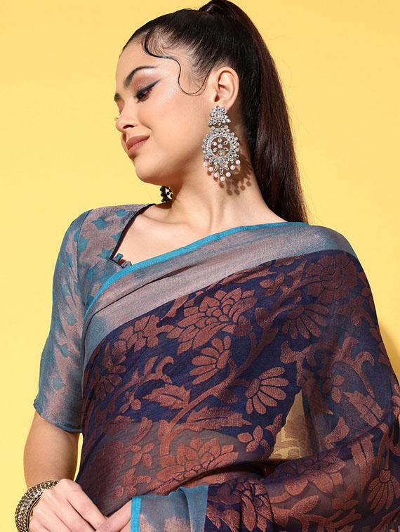 foil print woven saree with blouse - 19784125 - Standard Image - 2