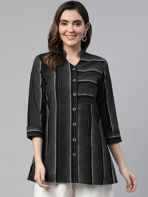 women black striped three quarter sleeve kurti - 19784857 -  Standard Image - 0